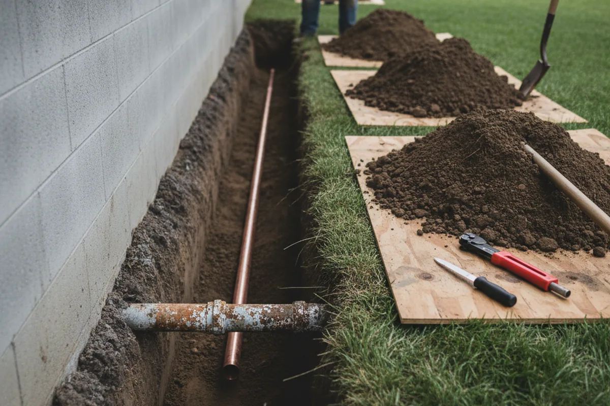 Excavated water line trench during Water Heater Repair in Pelham